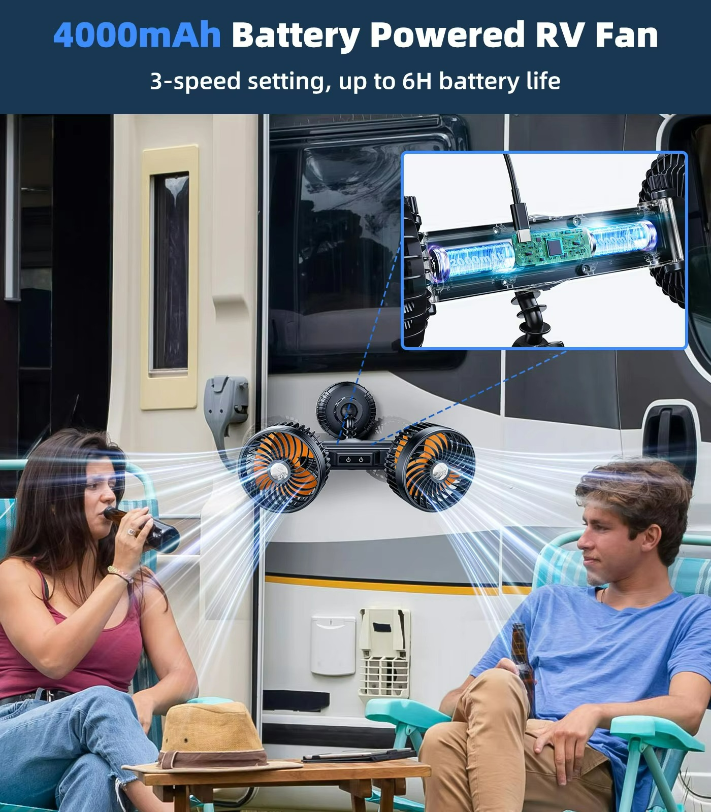 AeroBreeze vezeték nélküli autós ventilátor 4000 mAh akkumulátorral és három sebességfokozattal