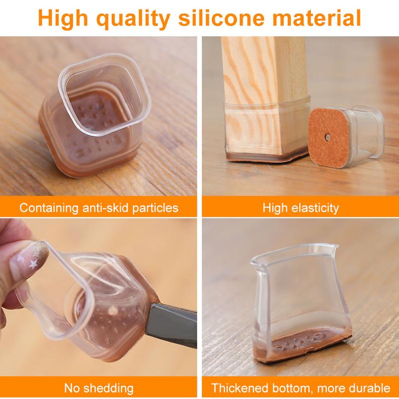 Clear Silicone Chair Leg Caps with Integrated Felt Pads