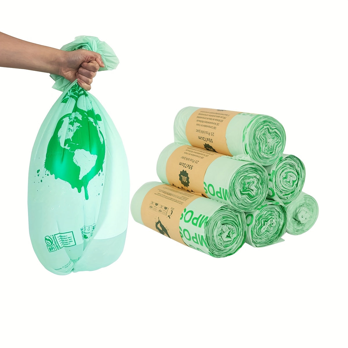 Sacii compostabili Ecobinz Extra Groși pentru deșeuri alimentare, capacitate 6L până la 30L, 3 galoni, 50/25 role