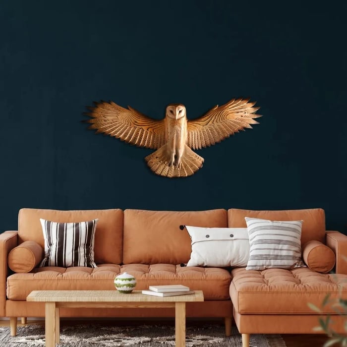 Majestätische Eulen-Holzwanddekoration – handgefertigte Wandskulptur in warmem Naturfinish