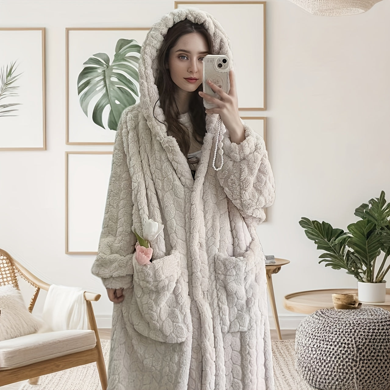 Velvélune Cream White Bathrobe With Striped Pattern