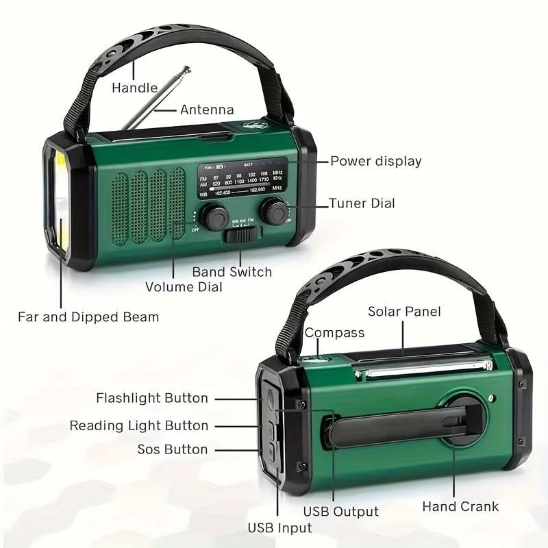 רדיו חירום סולארי BrightGuard עם טעינת USB ופנס
