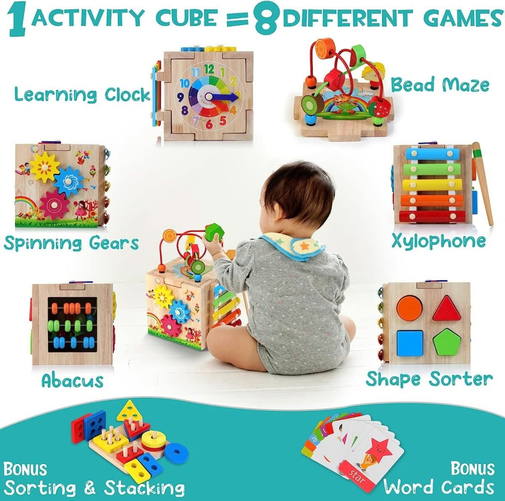 BrightCube Montessori Inspired Wooden Cube With Eight Activities For Toddlers