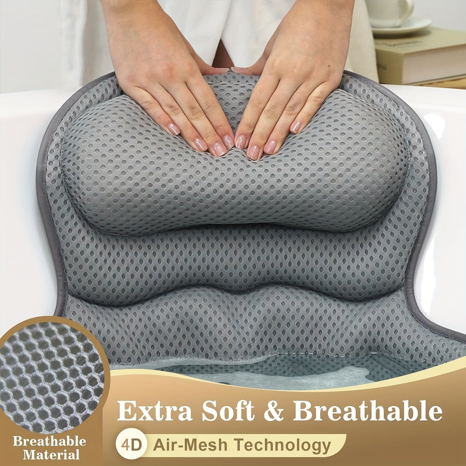 Ergonomický koupelnový polštář s polstrováním ze síťoviny pro relaxační koupel
