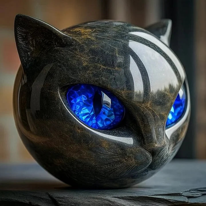 Figurka kočičí hlavy LumenMuse s hypnotickými očima a mramorovým povrchem