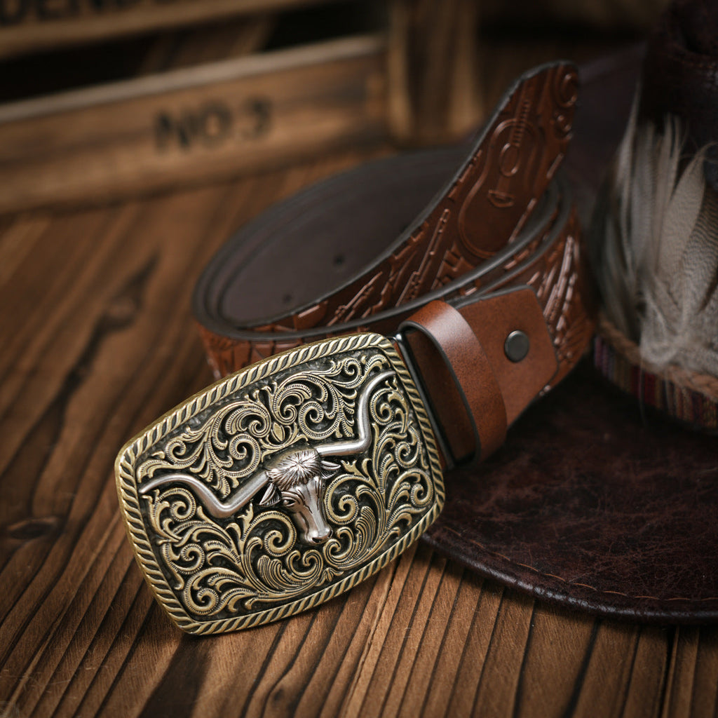 Men's Western Belt With Vegan Leather And Durable Metal Buckle