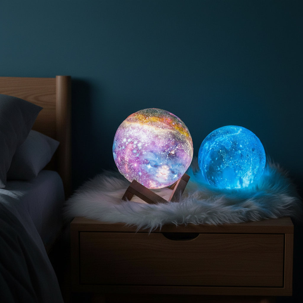 Aurora Moon Lamp 3D Printed Lunar Glow With 16 Color Modes Remote Wooden Stand