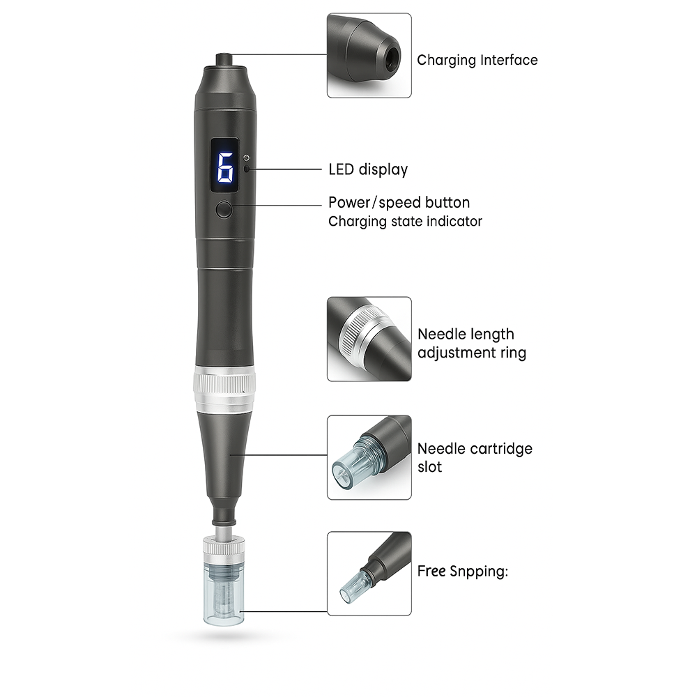 ApexDerm Pro Ultima M8 Dermapen para Tratamentos de Pele Recarregável por USB com Cinco Cartuchos
