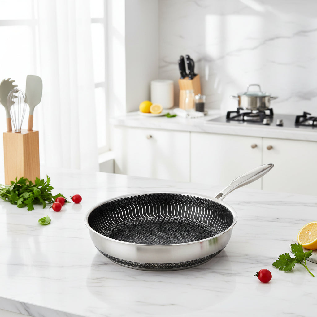 Sartén Antiadherente de Acero Inoxidable StellarForge Hexa Surface para Cocina Diaria