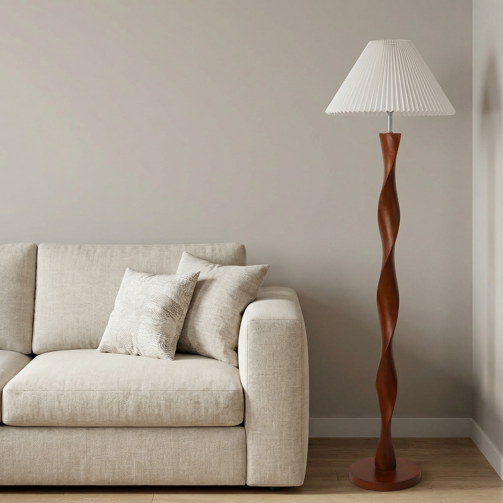 Lámpara de Pie Elegante de Nogal con Pantalla Plisada en Diseño Moderno para Ambiente Acogedor