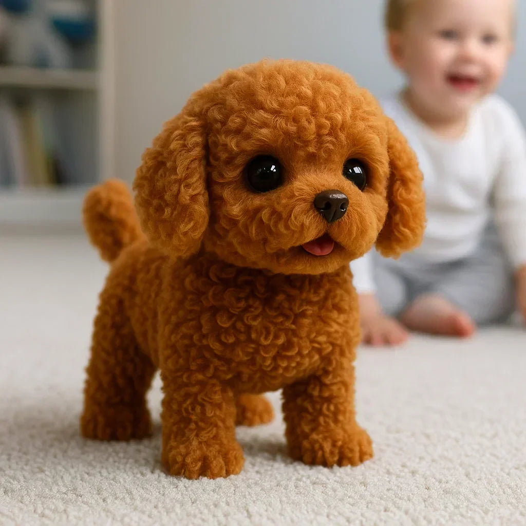 Juguete de peluche suave con perro AI que camina, ladra y responde con movimientos realistas