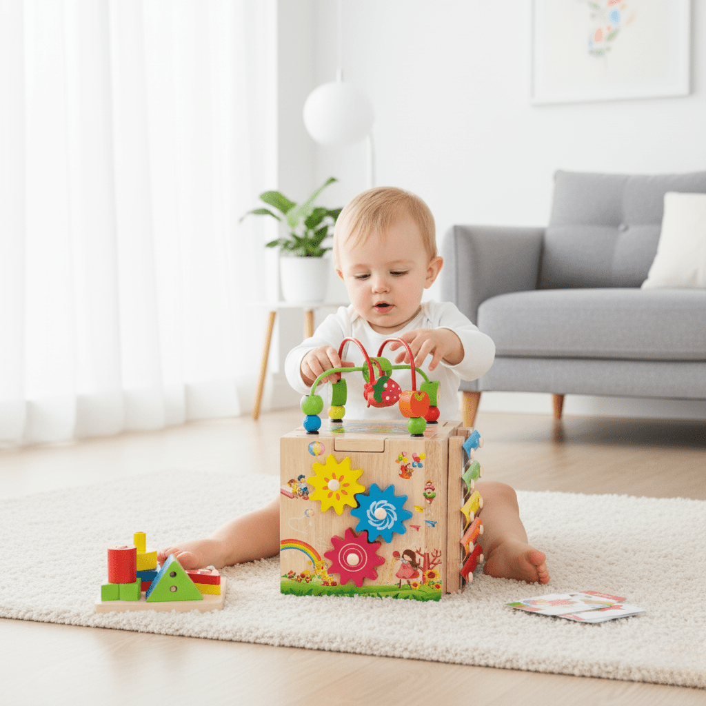 BrightCube Montessori Inspired Wooden Cube With Eight Activities For Toddlers