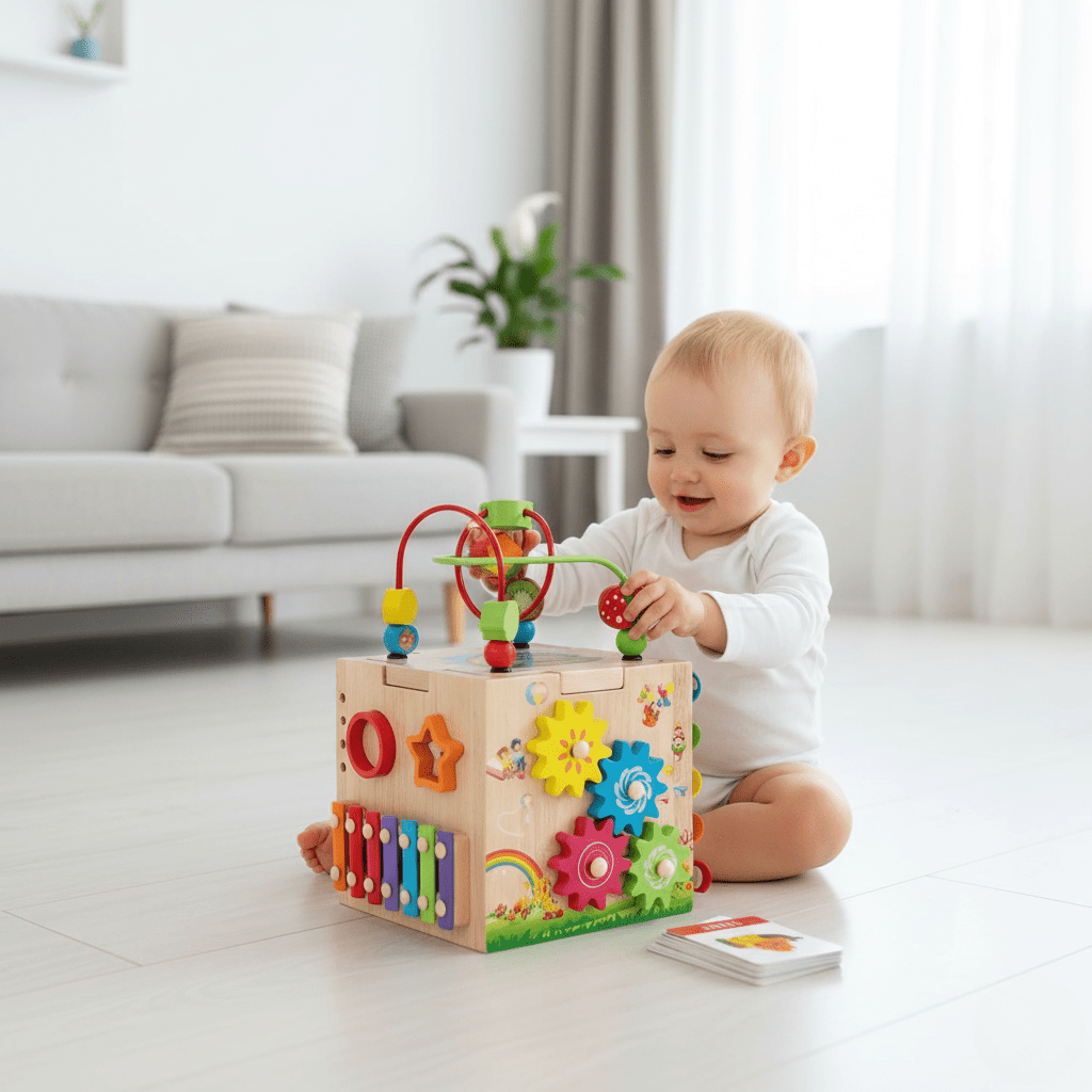 BrightCube Montessori Inspired Wooden Cube With Eight Activities For Toddlers