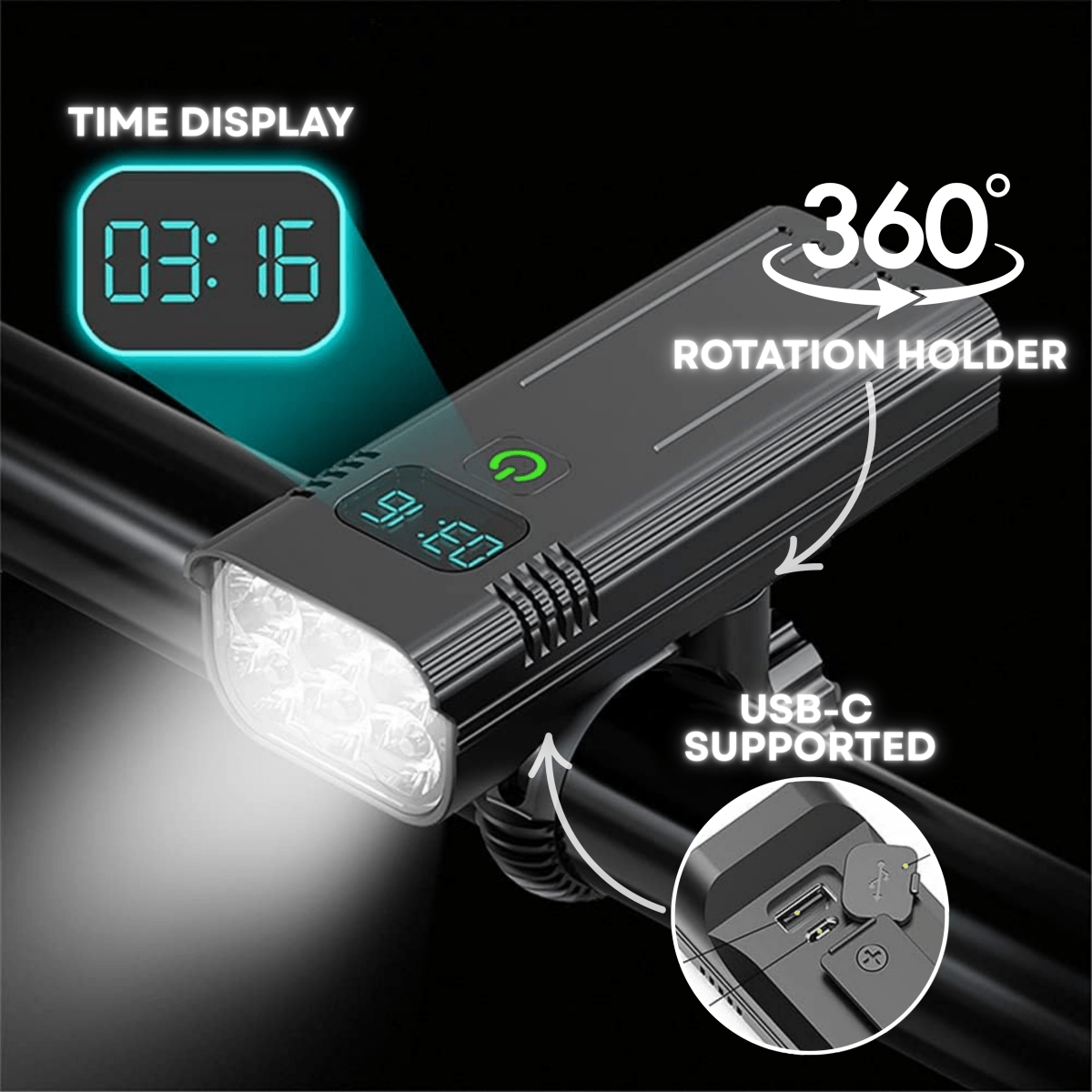 NovaGlide X 5000 Lumen Fahrradlicht mit 12 LEDs und USB Typ-C wiederaufladbarem Akku