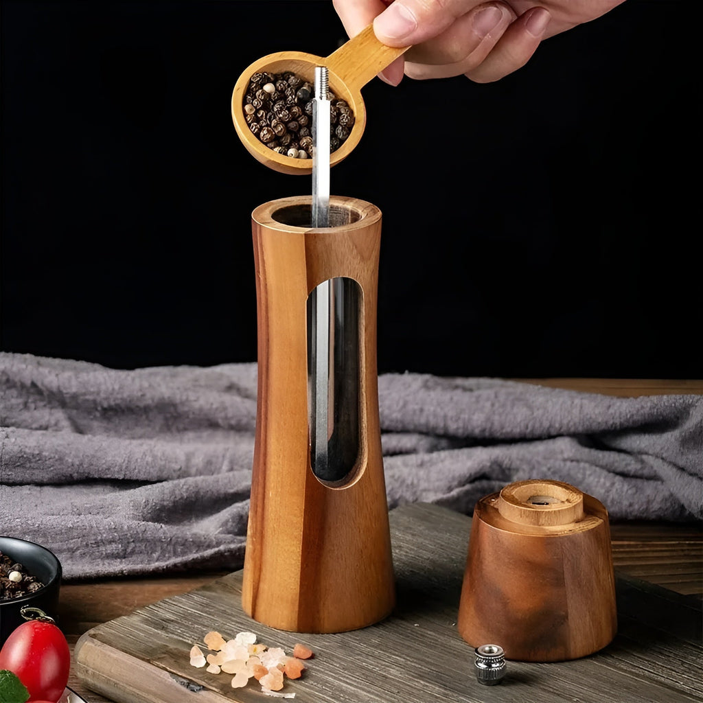SpiceCraft Wooden Salt Pepper Mill Set With Clear Window Adjustable Grind