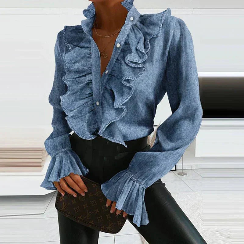 Blusa de chiffon suave con ribete de volantes y mangas con detalles plisados para uso diario