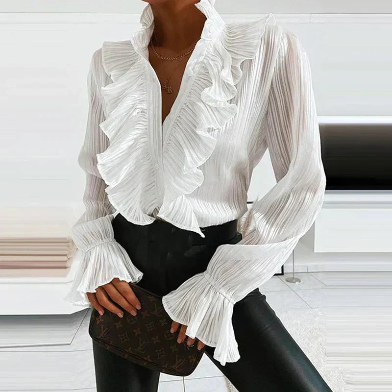 Blusa de chiffon suave con ribete de volantes y mangas con detalles plisados para uso diario