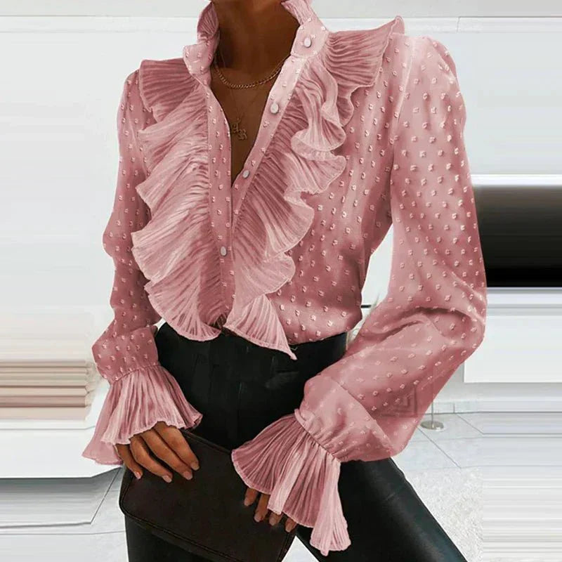 Blusa de chiffon suave con ribete de volantes y mangas con detalles plisados para uso diario
