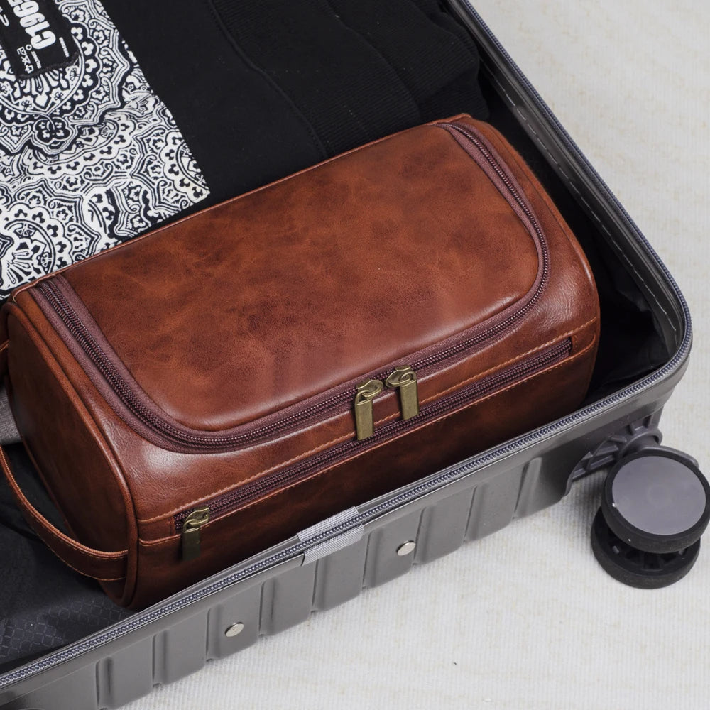 TravelTrek Leather Toiletry Case With Waterproof Lining And YKK Zippers