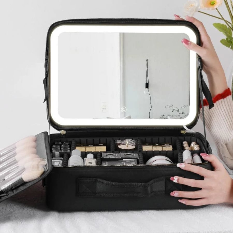 Bolsa de Maquillaje GlamBolt con Iluminación LED, Tocador Portátil para Viajes y Retoques