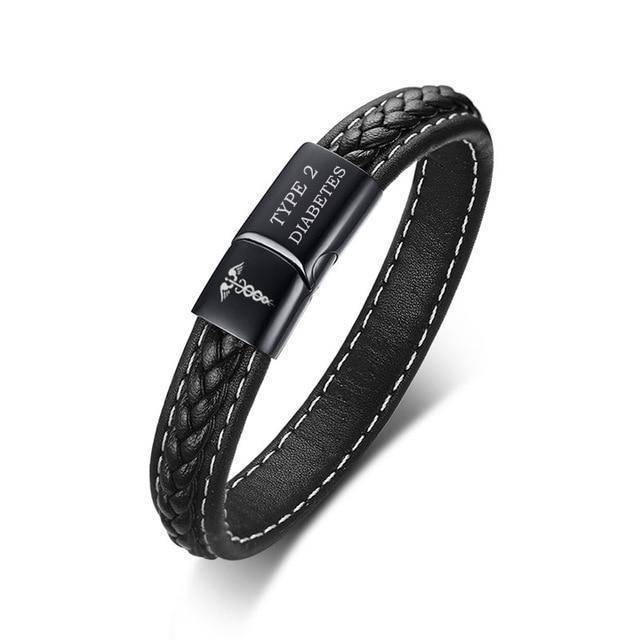 צמיד עור שחור לגברים עם התראה רפואית לסוכרת סוג 1 וסוג 2