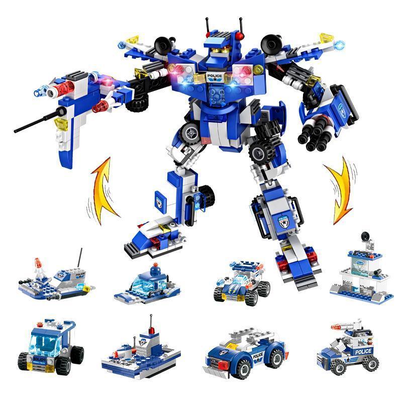 Set de Bloques 8 en 1 de Robot, Avión y Policía SWAT de la Ciudad para Niños