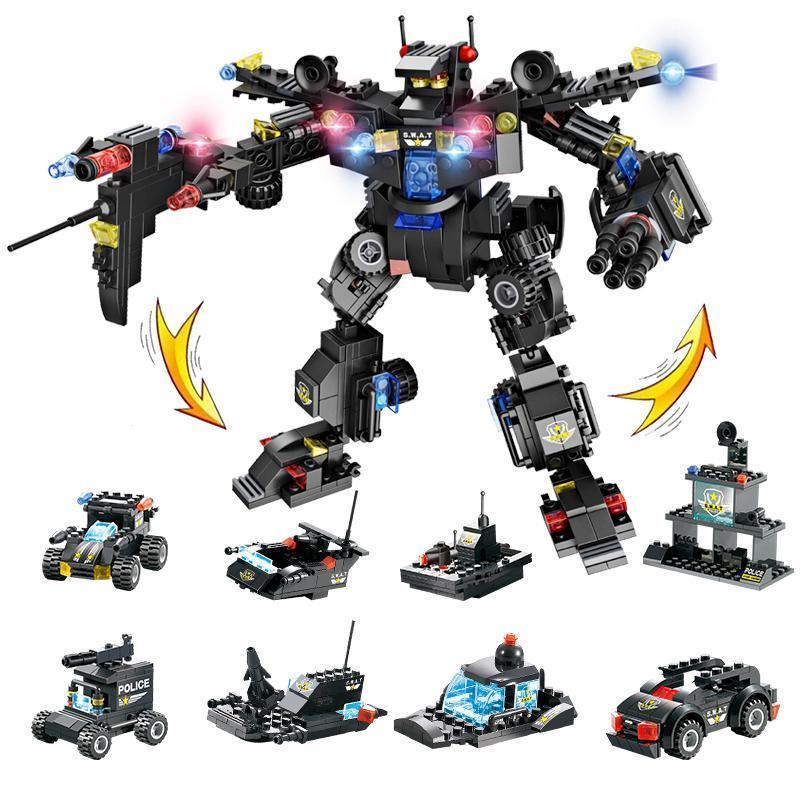 Set de Bloques 8 en 1 de Robot, Avión y Policía SWAT de la Ciudad para Niños