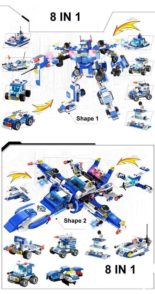 Set de Bloques 8 en 1 de Robot, Avión y Policía SWAT de la Ciudad para Niños