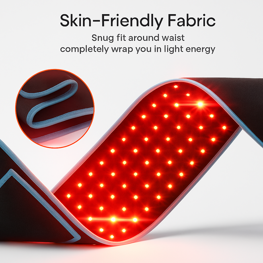 AuraFlex kannettava LED-vyö, jossa 660 nm punaiset ja 850 nm lähi-infrapuna-LEDit, 105 LEDiä