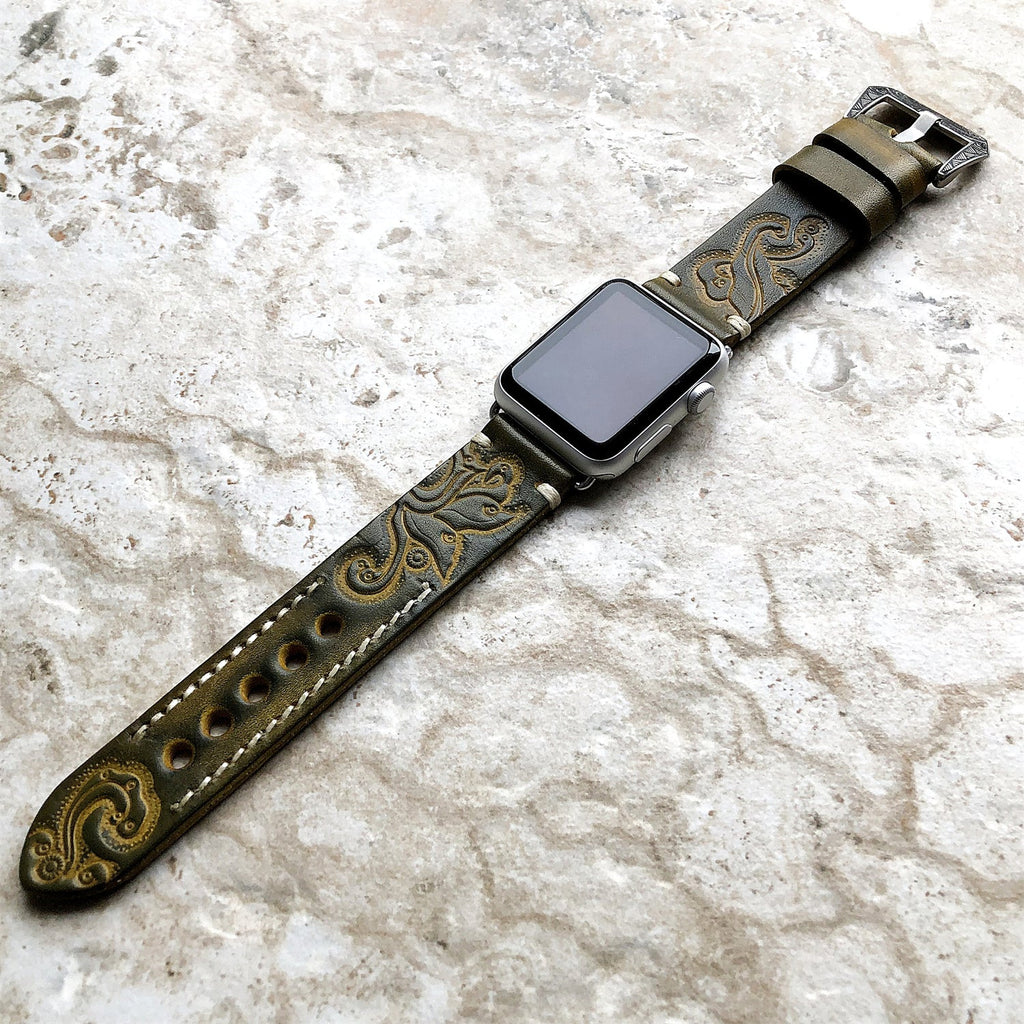 Apple Watch Ultra için El İşçiliği Oyma Sırt Deri Kayış
