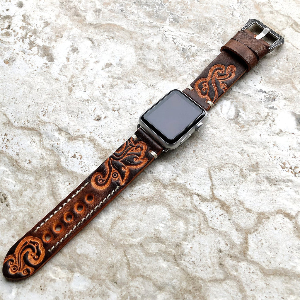 Apple Watch Ultra için El İşçiliği Oyma Sırt Deri Kayış