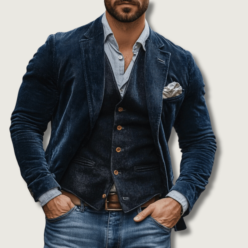 Tailored Corduroy Blazer In Navy With Vest For Formal Events