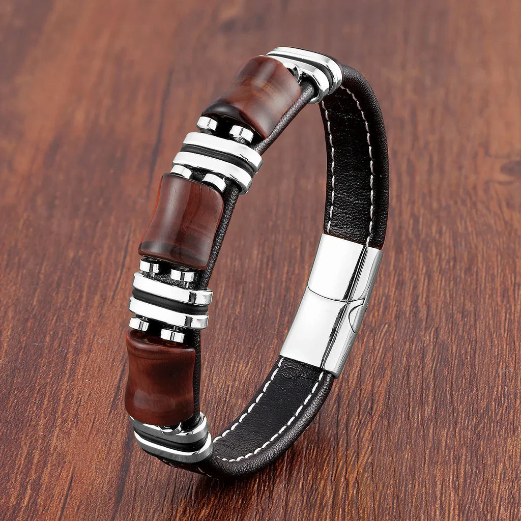 Tiger Eye Gemstone Leather Bracelet With Natural Stone Look