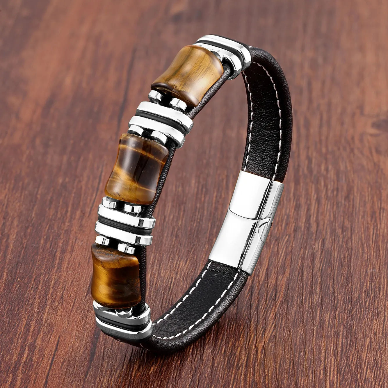 Tiger Eye Gemstone Leather Bracelet With Natural Stone Look