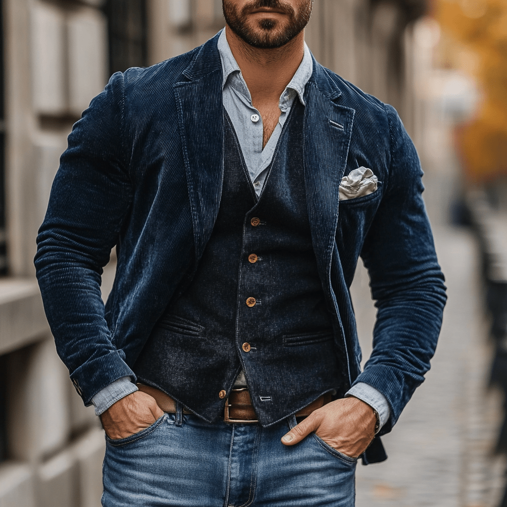Blazer de pana a medida en azul marino con chaleco para eventos formales