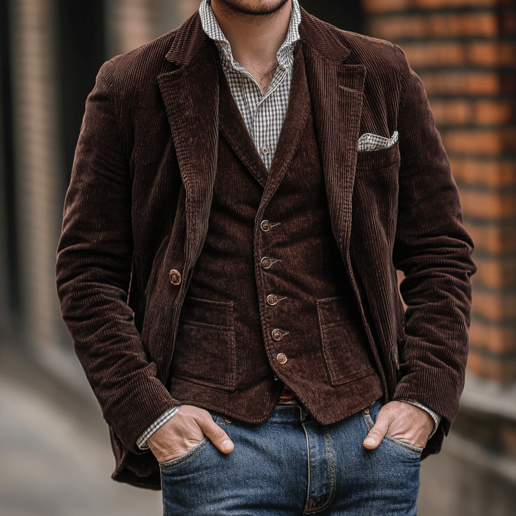 Tailored Corduroy Blazer In Navy With Vest For Formal Events