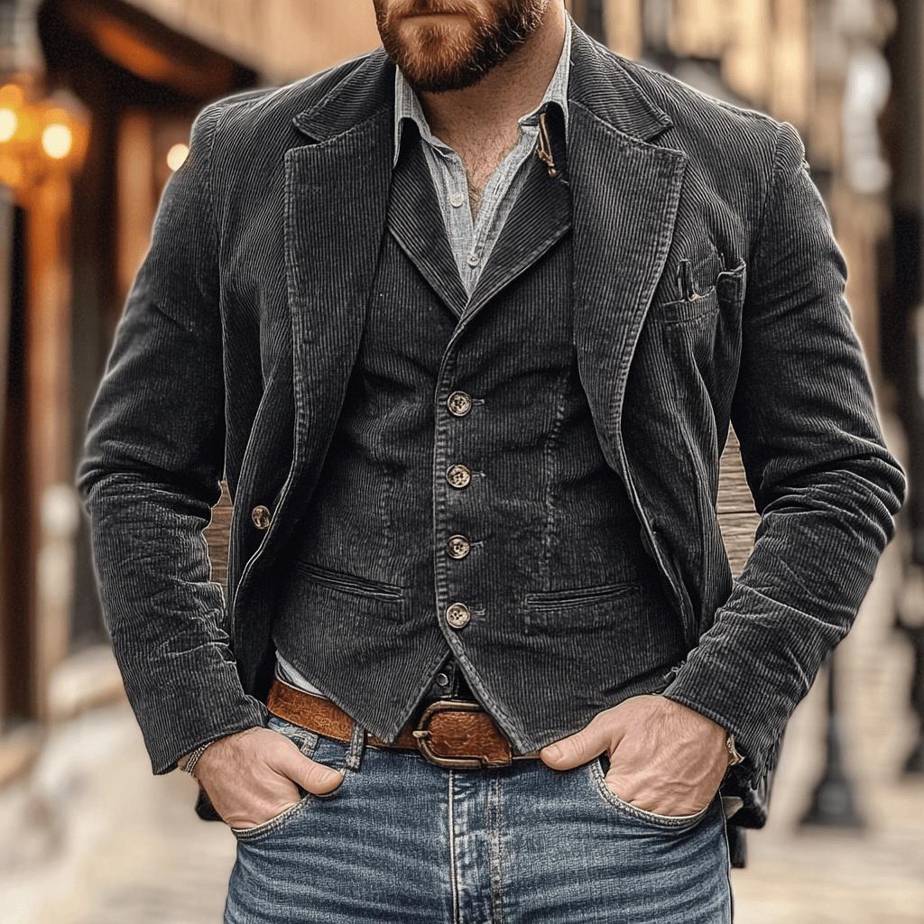 Tailored Corduroy Blazer In Navy With Vest For Formal Events