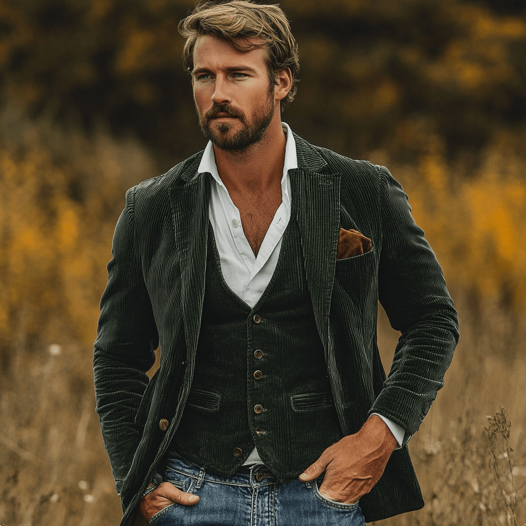 Blazer de pana a medida en azul marino con chaleco para eventos formales