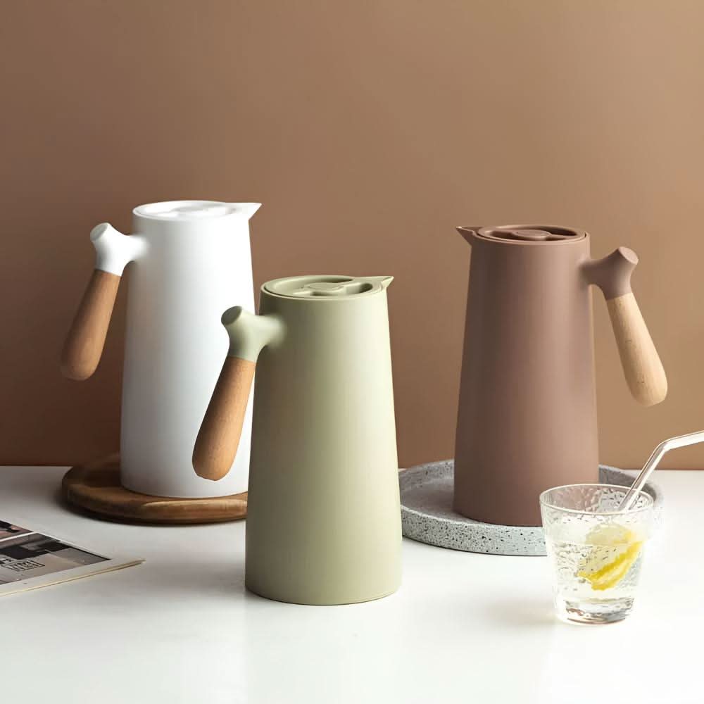 Carafe de vidrio de doble pared con mango de madera LuminaLux